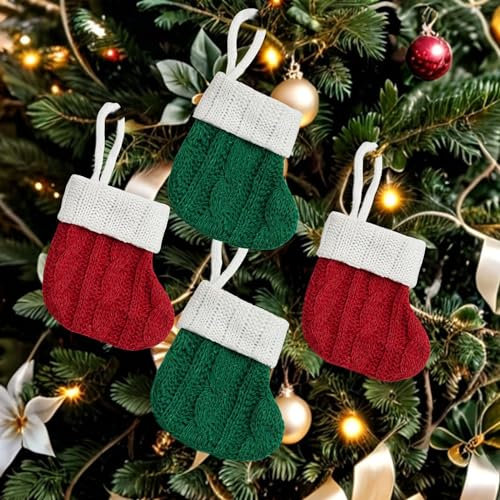 POPOYU 4 Piezas Calcetín de Navidad,Mini Calcetines Colgantes de Navidad Tejida,Medias de Navidad Bolsa de Regalo para Llenar,Calcetines de Árbol Navidad Chimenea Decoración