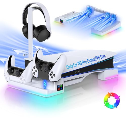 RGB Horizontal Charging Stand & Auto Cooling Fan Station for PS5 Slim Digital & Disc/PS5 PRO Digital, Dual Charger for PlayStation 5/Elite Controllers, Accessories &14 RGB Light Modes & Headset Holder