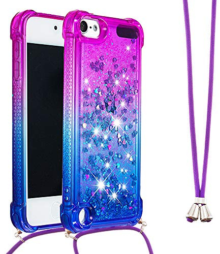 SIYOPINPFY Handykette Hülle für iPod Touch 5 / iPod Touch 7 mit Band, Quicksand Glitzer Flüssigkeit HandyHülle mit Kordel Kette, Silikon Treibsand Stoßfest Hülle für iPod Touch 5/6 lila Blau YBG