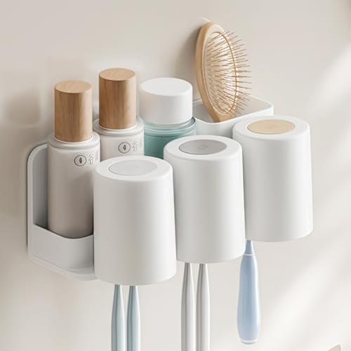 Toothbrush Holder, Toothbrush Holder Wall Mounted, Adhesive Tooth Brush Holder Set for Bathroom, with 3 Cups and 6 Toothbrush Head Holder, 1 Movable Toothpaste Holder