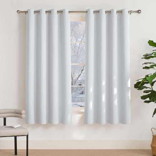 PONY DANCE Thermo Gardinen Kälteschutz Verdunkelnde Vorhänge Wohnzimmer | 2er Set H160 x B140 cm, Grau-weiß, Blackout Curtains, Kurz, Sichtschutz, UV-Schutz, mit Ösen, für Schlafzimmer Büro Küche