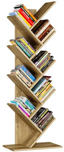 YITAHOME Tree Bookshelf, Floorstanding Bookcase, Industrial Wooden Shelving Units, Tall Display Storage Book Rack for Living Room, Home Office, Oak Book Shelf
