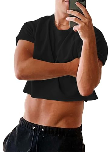 Runcati Herren T-Shirt Krawatte Dye Crop Tops mit Rundhals-Ausschnitt, Unisex Baumwolle Sommer Kurzarm Workout Hot Shirts Männer Schwarz S