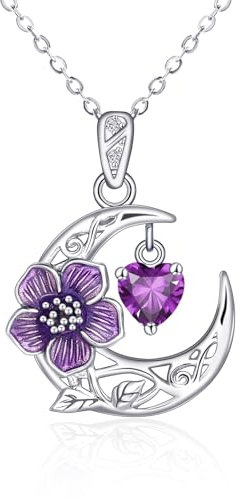 Qings February Amethyst Birthstone Necklace Sterling Silver 925 Crescent Moon Birth Flower Violet Pendant Necklace Birth Stone Birthday Gifts for Women Mom Wife