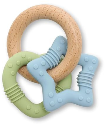 TenOne® Baby Teething Toy, Cute Silicone Wooden Teething Ring, Soothing Teether, Cute Design, Baby Gift (Blue Star, Green Heart)