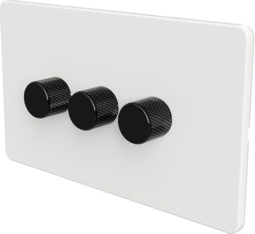 Flat Trailing Edge 2 Way LED Dimmer Switch Rotary Push On/Off for Dimmable LED and Halogen Lights - White/Black 3-Gang