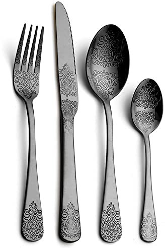 SBJKLYRN Ensemble de couverts, Ménagère vintage 24 pièces en acier inoxydable | Service de couverts plaqué titane antique for un dîner élégant(Black)
