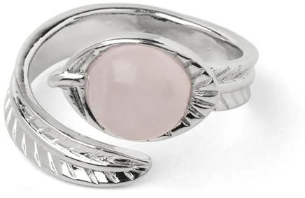 Hasdnker Ring Ringe Damen Bijouterie Herren Silver Color Open Ring Round Natural Stone Crystal Cabochon Carved Leaf Adjustable Finger Rings for Women Men Jewelry Rosequartz