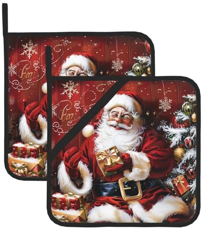 Heat Resistant Pot Holders 2-Piece Set - Santa Claus Xmas Gifts Printed Oven Potholder for Kitchen & Outdoor Cooking Baking