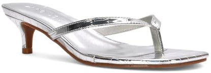 ESSEX GLAM Women's Kitten Heel Toe Post Sandals Ladies Silver Metallic Synthetic Leather Slip On Low Heeled Mule Shoes Size 3
