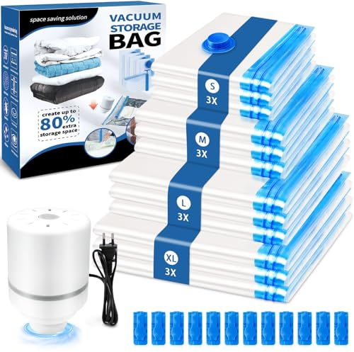 GMUFTIR Bolsas Vacío Ropa con Bomba Eléctrica, 12 Piezas Bolsas de Almacenaje al Vacio (3 Jumbo, 3 Grandes, 3 Medianas, 3 Pequeñas), Resistente y Reutilizable, para Guardar Ropa, Ropa de Cama, Mantas