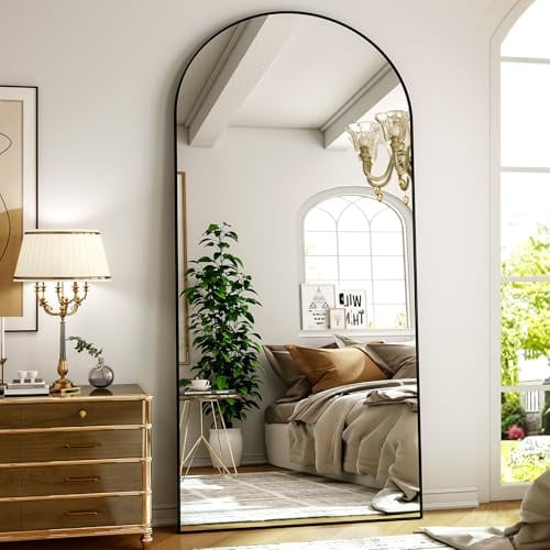ZenoMirris Ganzkörperspiegel 180x67 cm, Bogenförmiger Standspiegel mit Aluminiumrahmen – Bodenspiegel und Wandspiegel zum Stehen, Anlehnen oder Hängen, für Schlafzimmer & Wohnzimmer, Schwarz