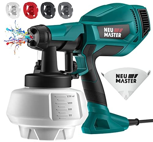 Pistolet a Peinture - NEU MASTER Pistolet à Peinture Électrique avec 4 Buses, 3 Modèles & 1200ml Réservoir pour Meubles, Murs, Portes, Clôtures, Bricolage