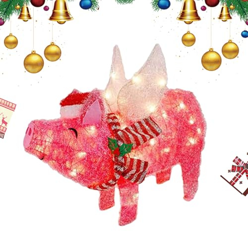 Beleuchtete Weihnachtsdekoration, 2D-Hofkunst, rosa Schwein, Gartenstatue, beleuchtete fliegende Schweine mit Weihnachtsmütze und Schal, Heimdekoration, für drinnen und draußen