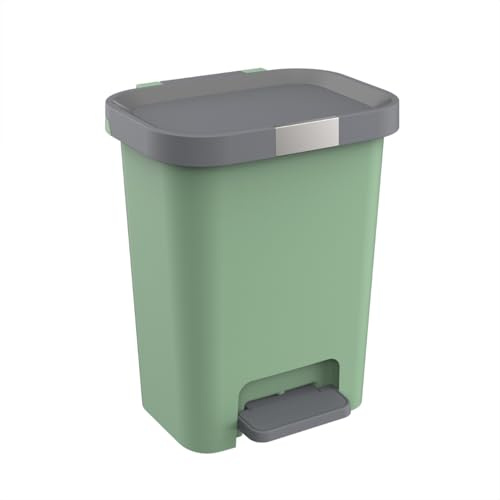 Engelland Mülleimer 25 L mit Deckel und Pedal - Treteimer, Abfalleimer mit Soft-Close, verschließbarem Deckel & rutschfesten Füßen - ideal für Küche, Bad & Büro - Kunststoff, Salbei-Grün