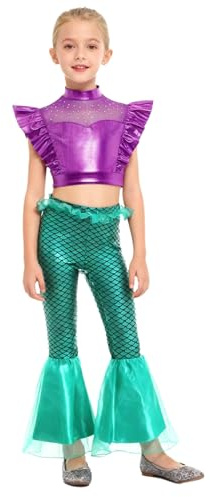 Mermaid Princess Dance Costume for Girls Two Piece Sparkle Sleeve Top with Flare Pants