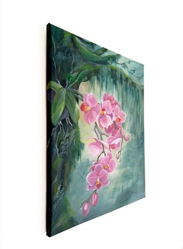 Générique Tableau Original à l’Huile – Orchidées Roses dans Forêt Tropicale – Art Contemporain Signé – Technique du Glacis – 50×40 cm – Œuvre Unique Fait Main en France