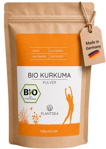 PlantDEA, Poudre de Curcuma Bio (500 g), 100% poudre de curcuma bio, finement moulue, vegan et sans additifs, idéale pour boissons, smoothies et cuisine.