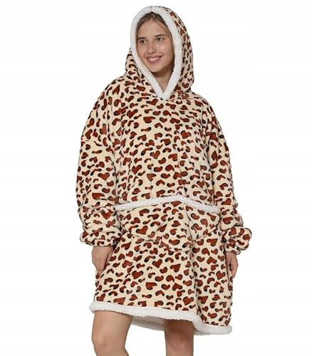 Girox - Hoodie Decke mit Ärmeln Oversize 100 cm - Kuschelpullover Decke Unisex mit Kapuze und Kängurutasche - Leopard Print - Wärmende Fleece Kuscheldecke - Pflegeleicht aus 100% Polyester