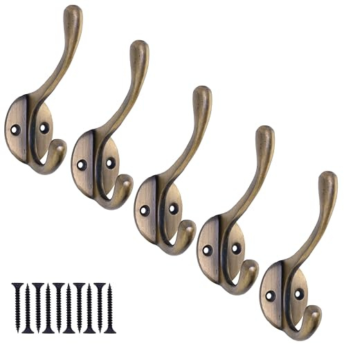 EDUWURXS Cast Iron Coat Hooks Antique Brass Finish, 5 Pack | Heavy-duty vintage cast iron wall hooks for coats, towels, bags, hats and clothing.