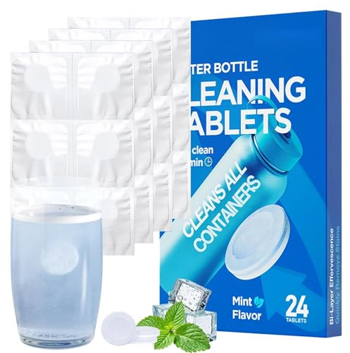 24PCS Sterilising Tablets for Water Bottle Cleaning, Stainless Steel Plastics Ceramic Glass Containers & Coffee Machines, Mint Flavor Removes Odors, Individually Packed Kettle Descaler