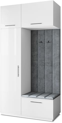 Masseno Flugarderoben Set Rema, Kleiderschrank-Set mit Sitzbank, Garderobenschrank Flur mit 5 Regalböden, Weiß