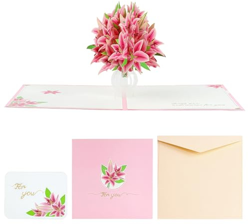 Rosa Lilja Pop Up Födelsedagskort | 3D Blombukett med Uppfällbar Mekanism | Gratulationskort för Mors dag, Tack & Alla Firanden