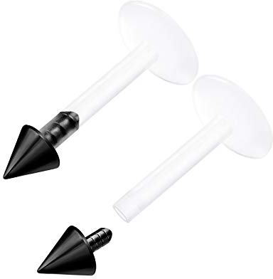 KJM FASHION 2 STK Flexi Push In Lippen 1,2 mm 16 g 8mm 5/16 3mm Schwarz Eloxiert Kegel Tragus Lip Snakebites Spiderbite Ohrringe Piercing Schmuck 2881