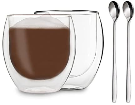 DUOS® Jumbo Latte Macchiato Gläser Doppelwandig 2x 410ml + 2x Löffel, Cappuccino Tassen, Eiskaffee Gläser, Doppelwandige Kaffeegläser