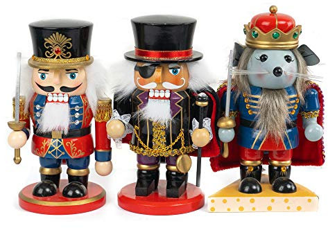 FUNPENY 3 Set Christmas Nutcrackers Figures, 7 Inch Handmade Wooden Mouse King Soldier and Pirate Traditional Nutcracker Decorations for Fall Festive Christmas Desktop Collectible Decor