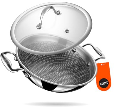 Stahl Artisan Hybrid dreifach Antihaft-Kadai mit Deckel, Kadai aus Edelstahl zum Kochen, dreifach Kadai metallspatelfreundliches Metall, Induktion & Gasherd kompatibel, 1,6 L, 25 cm
