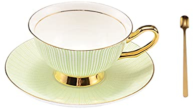 Pfedxoon Bone China Tea Cup with Saucer Spoon 3 Piece Set(240ml) Cappuccino Cups, Coffee Cups, Tea Cup Set, British Coffee Cups, Porcelain Tea Set, Latte Cups, Mother's Day Gift (Green)