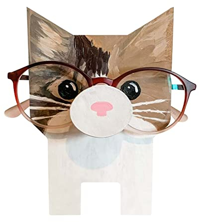 LNJ Brillenhalter Tier - Brillenständer Aus Holz - Lustige Handgeschnitzt Tierform Sonnenbrillenhalter ? Brillenablage - Gläser Display Aufbewahrung Geschenk Für Schreibtisch Home Office Deko (Katze)