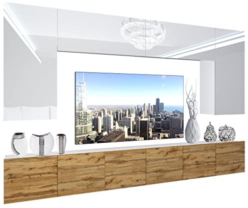 BELINI Wohnwand Vollausstattung Wohnzimmer-Set Moderne Schrankwand mit LED-Beleuchtung Anbauwand TV-Schrank Weiß Top/Eiche Wotan
