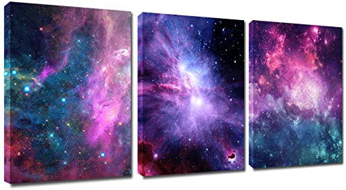 Outer Space Wall Art Posters/Blue Nebula Framed Modern Poster for Room Decor/ 3 Pieces Milky Way Wall Art Paintings Pictures/Universe Galaxy Canvas Prints Ready to Hang for Living Room Teens Boys