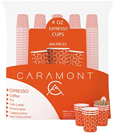 Caramont,4 Oz 400 Espresso Gobelets en Carton avec Agitateurs en Bois,Écologique et Jetables,Résistant à la Chaleur,Carton de Qualité,Idéal pour Toutes Les Boissons Chaudes ; Café,Thé,Chocolat etc.