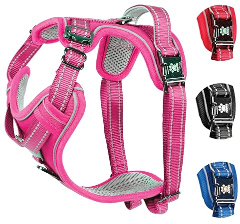 Elite Paws® UK: Premium Metal Buckle Dog Harness, Strong, Safe, Padded, Comfortable, Adjustable, Reflective, Front/Back Lead Attachments, Soft Handle, Pet Walking Vest/Training Product (Pink, Small)