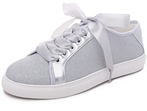 Elivandon 16051 Hochzeit Schuhe Bling Braut Turnschuhe Flats Braut Tennisschuhe Glänzende Pailletten Schuhe Funkelnde Turnschuhe Farbe Silber,Größe 40 EU (6.5 UK)
