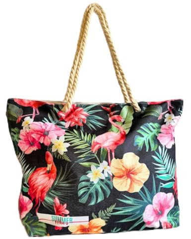 NARAMAKI Borsa Donna Design Tropicale Scura 55x40x15cm - Borsa Grande in Tessuto Poliestere Leggera con Cerniera e Manici in Corda (SCURA MULTICOLORE) - Borsa Spesa & Shopping