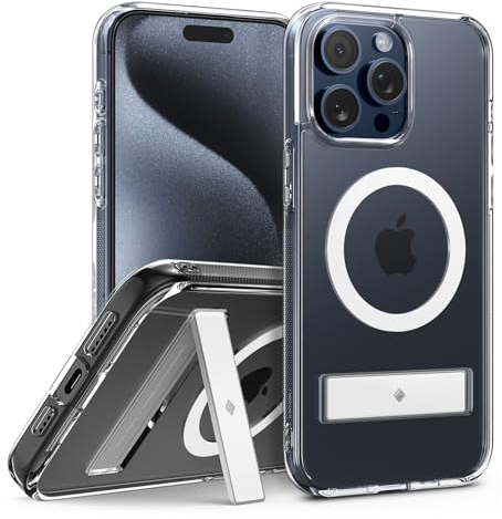 Caseology for iPhone 15 Pro Capella Mag Kickstand, Military Grade Drop Protection, Built-in Kickstand, for iPhone 15 Pro Case Mag-safe - Clear White