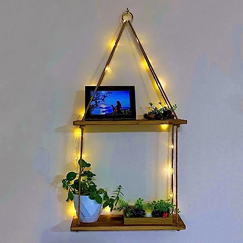 DECOLIFE Hanging Shelves for Wall, 2 Tier Wooden Floating Shelves, Rustic Ladder Shelf