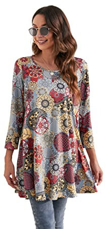 Enmain Womens Long Sleeve Tunic Top Ladie Longline Blouse Casual Floral Swing Dress Top Slouch Loose Comfortable Plus Size 5XL