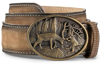 Schöneberger Trachten Couture Herren Trachtengürtel Leder, Lederhosen Gürtel mit Hirsch Schnalle und Stickereien, Ledergürtel Lorenz (Braun, 46-48)