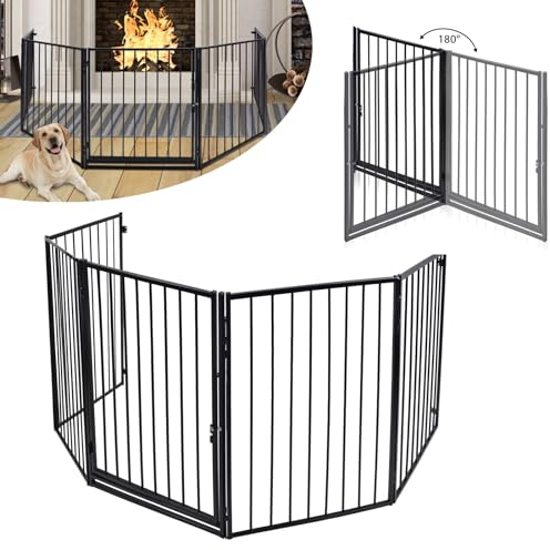 LILIIN 5-TLG Kaminschutzgitter mit Tür Kinderschutzgitter 305cm Gesamtlänge, Metall Türschutzgitter Absperrgitter Kindergitter, für Hunde, Kinder Sicherung, Schwarz, 60 x76 cm