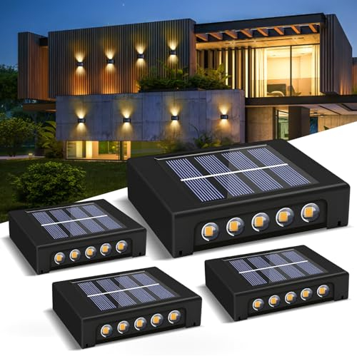 IEEILULU Applique da Parete Solare Da Esterno, 4 Pezzi Lampada da Parete, IP65 Impermeabile 10 LED Lampade Decorative, Luci Solari Esterno Giardino per Giardino, Patio, Recinzione (Luce Calda)
