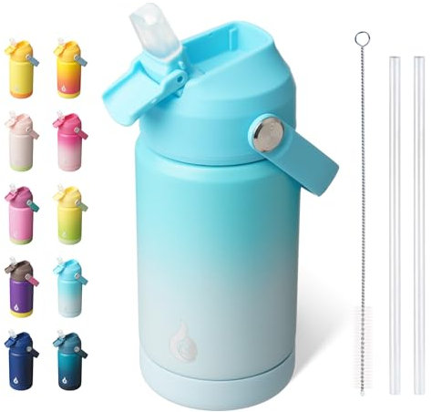 BJPKPK Insulated Water Bottle with Straw Lid, 12oz Thermos Water Bottles, Flex Handle & Non-Slip Boot, BPA Free Leak Proof Stainless Steel Metal Thermos, Tumblers, Cups, Sea Salt