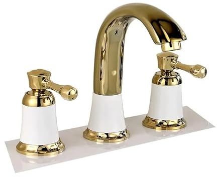 Robinet d'évier de salle de bain, robinet large de salle de bain en or, robinet généralisé chaud et froid à trois trous, mitigeur d'évier de 20,3 cm, robinet d'évier chromé doré (couleur : blanc)