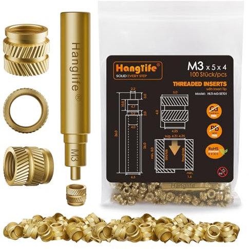 HANGLIFE M3 Inserts Fileté pour la Fusion à Chaud avec Pointe Fer a Souder, Insert Filetés avec Panne Fer à Souder pour Composants d'Impression 3D - Écrous Moletés Métriques en Laiton (100 Pièces)