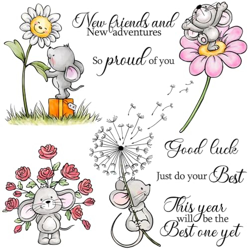 Niedliche kleine Mäuse und Blumen-Stanzformen und Stempel-Sets für Kartenherstellung, Sonnenblumen, Löwenzahn, Metall-Stanzformen und transparente Siegelstempel-Sets, Glück, Wortstempel,
