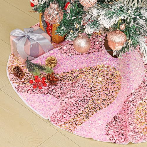 Lewondr Weihnachtsbaum Rock, 91CM Pailletten-Weihnachtsbaumkleid Großer Glitzer-Weihnachtsbaumrock, Vintage Weihnachtsbaum Dekoration für Wohnung Dekoration Party Geschäft, Rosa